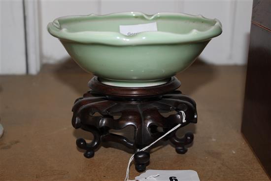 Japanese Celadon bowl on a wood stand